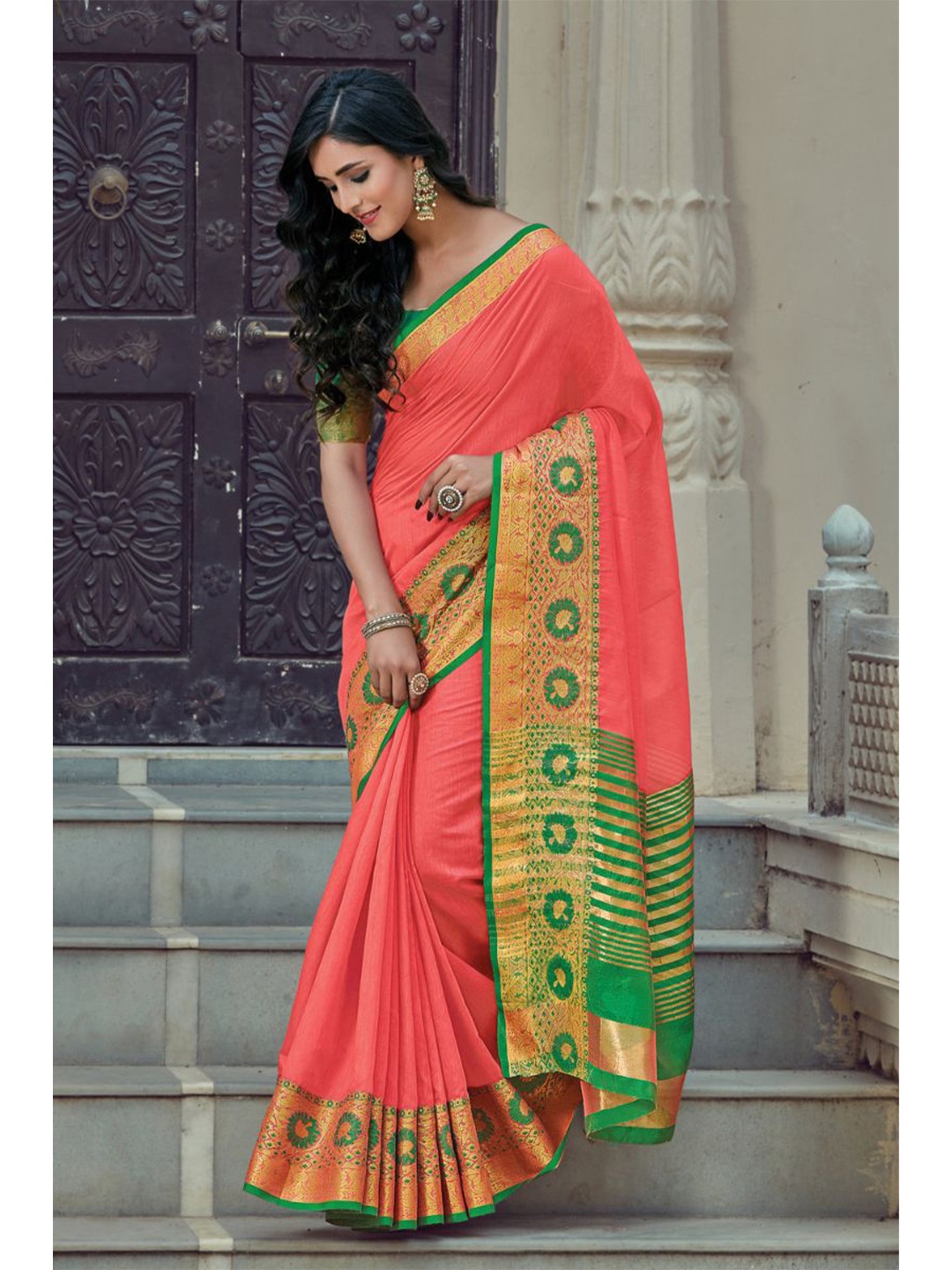 

KARAGIRI Peach-Coloured & Green Ethnic Motifs Zari Saree