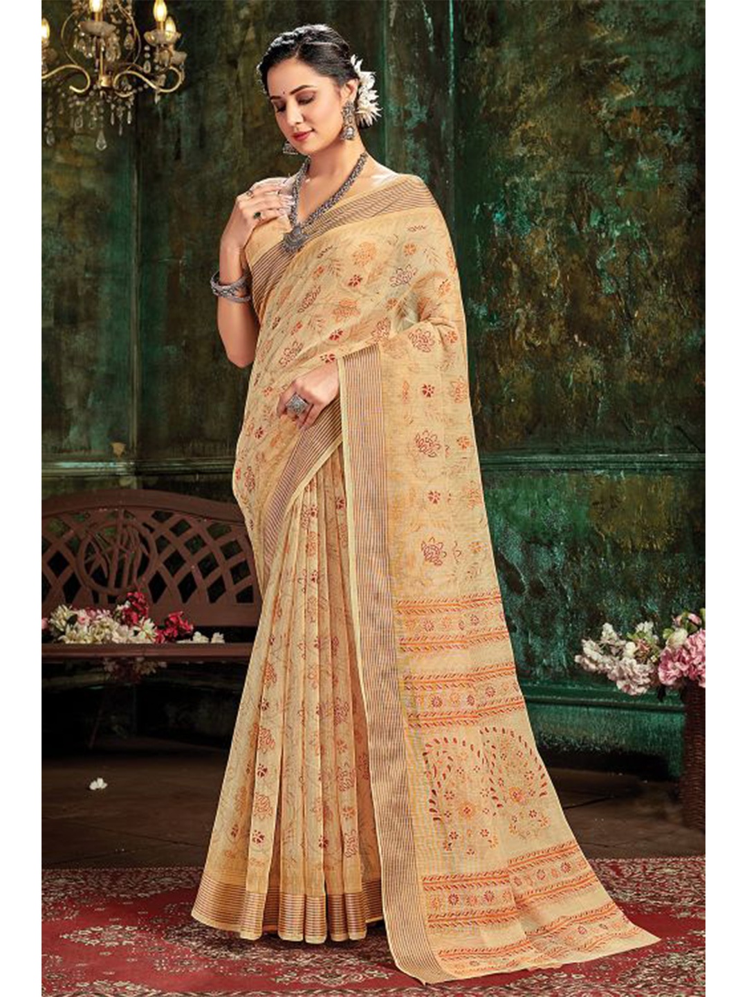 

KARAGIRI Cream-Coloured & Orange Floral Printed Zari Saree