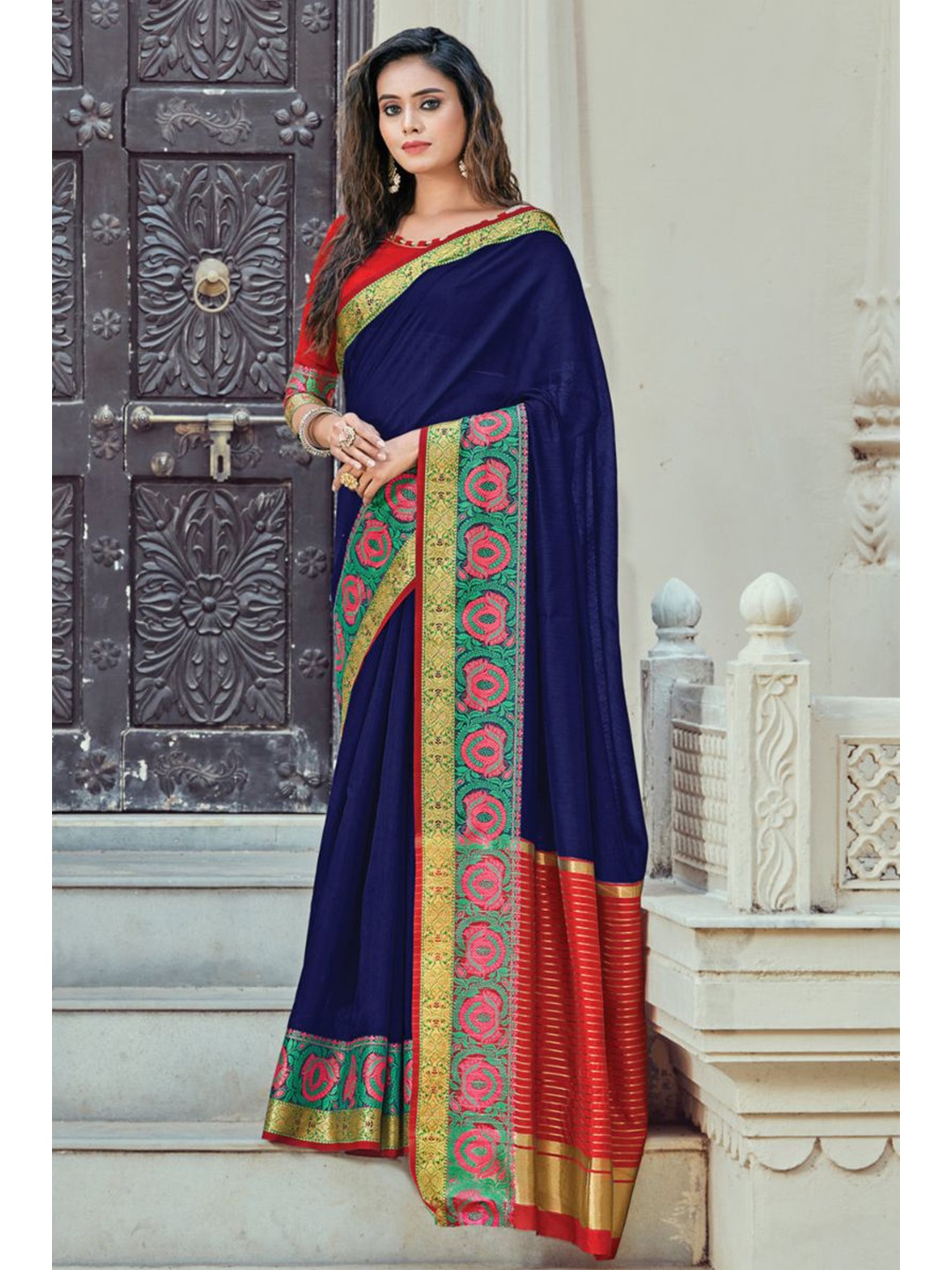

KARAGIRI Blue & Red Solid Zari Polycotton Saree With Unstitched Blouse Piece
