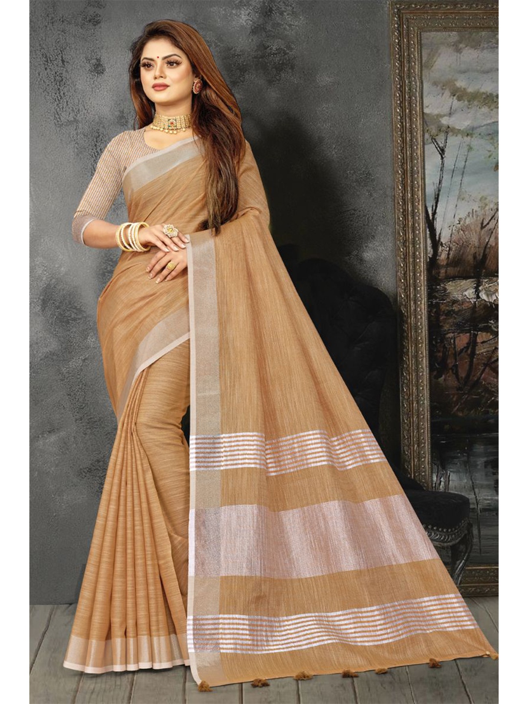 

KARAGIRI Brown & Silver-Toned Striped Zari Linen Blend Saree