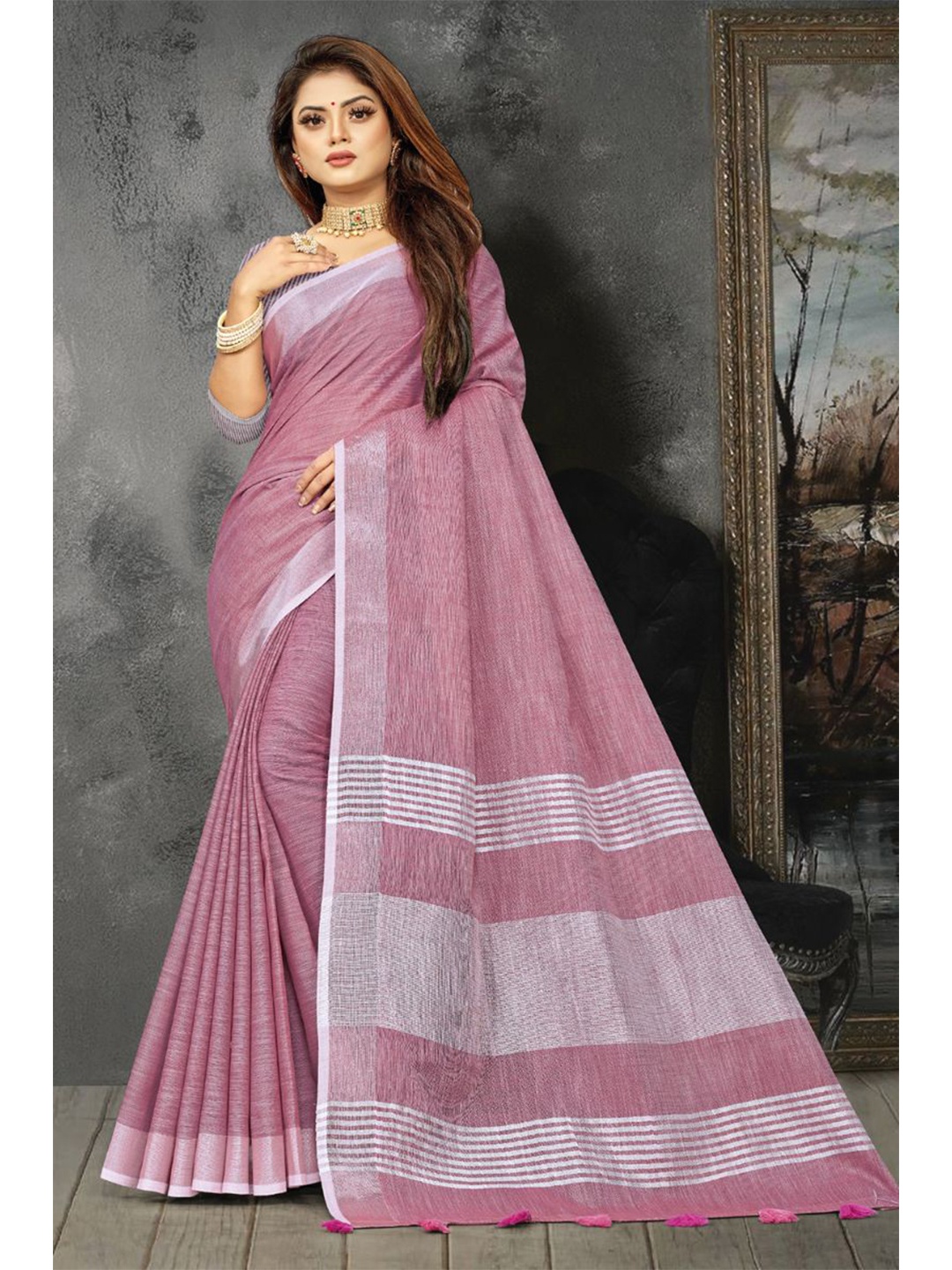 

KARAGIRI Women Purple Solid Zari Linen Saree