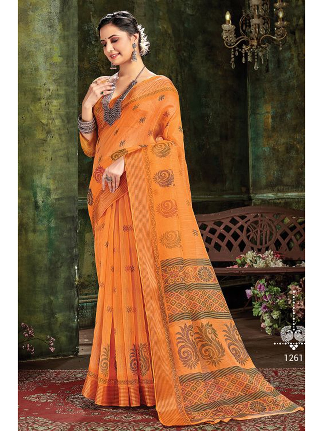 

KARAGIRI Orange & Blue Orange Cotton Ethnic Motifs Saree