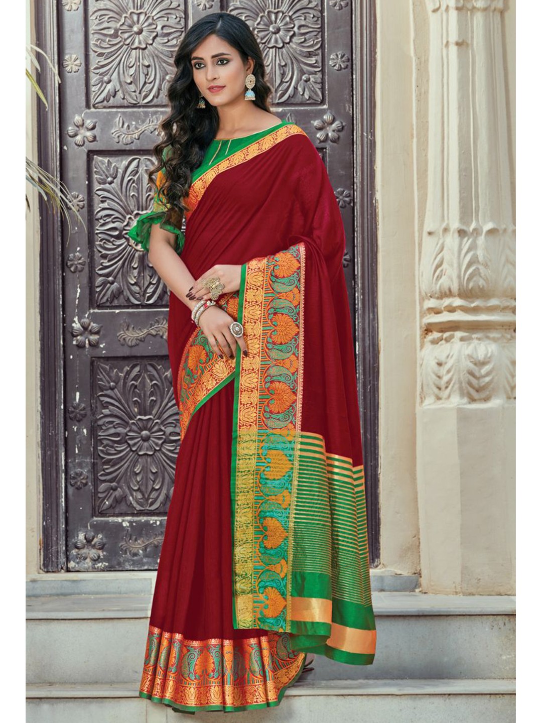

KARAGIRI Maroon & Green Zari Saree