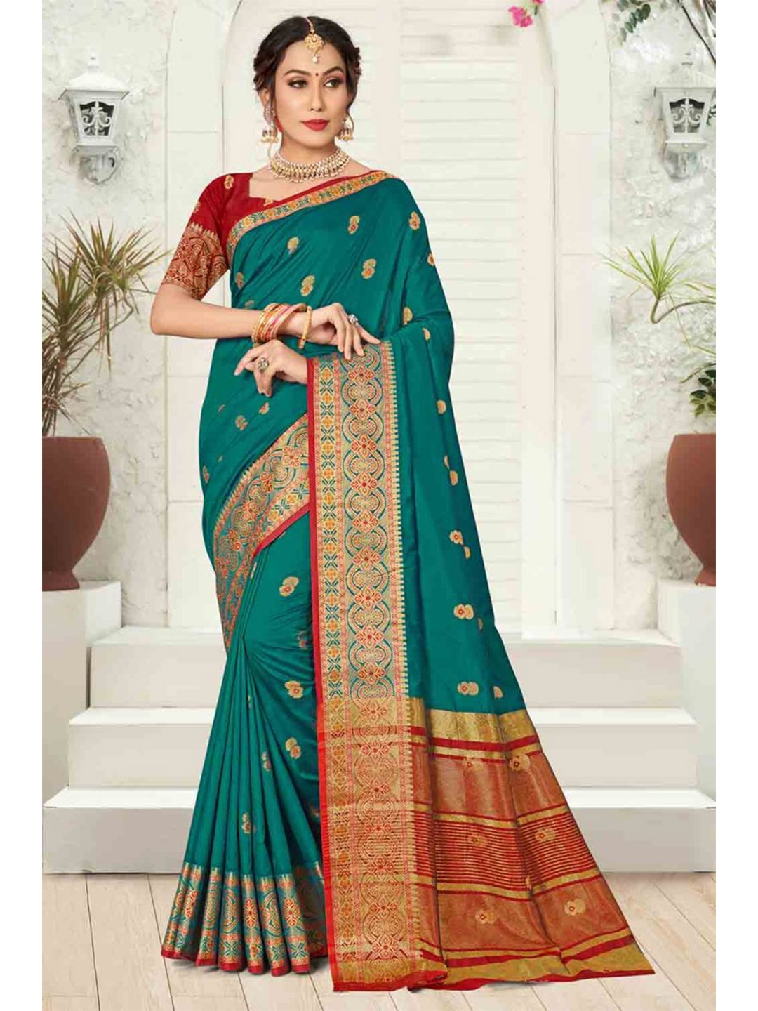 

KARAGIRI Teal & Red Ethnic Motifs Zari Saree