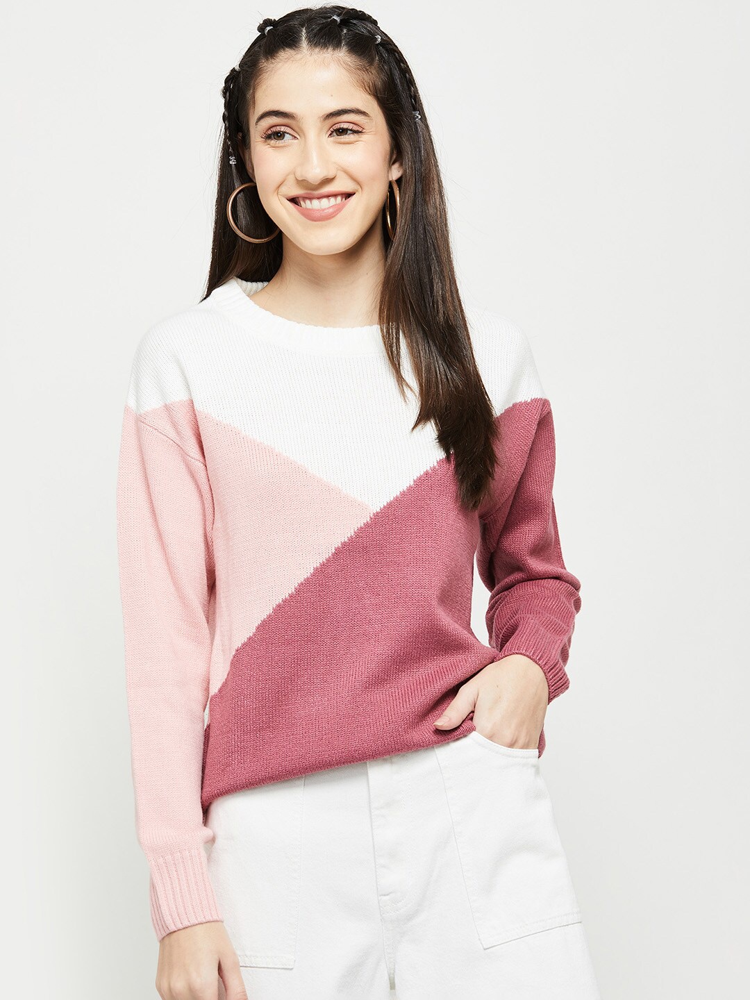

max Women Pink & White Colourblocked Pullover