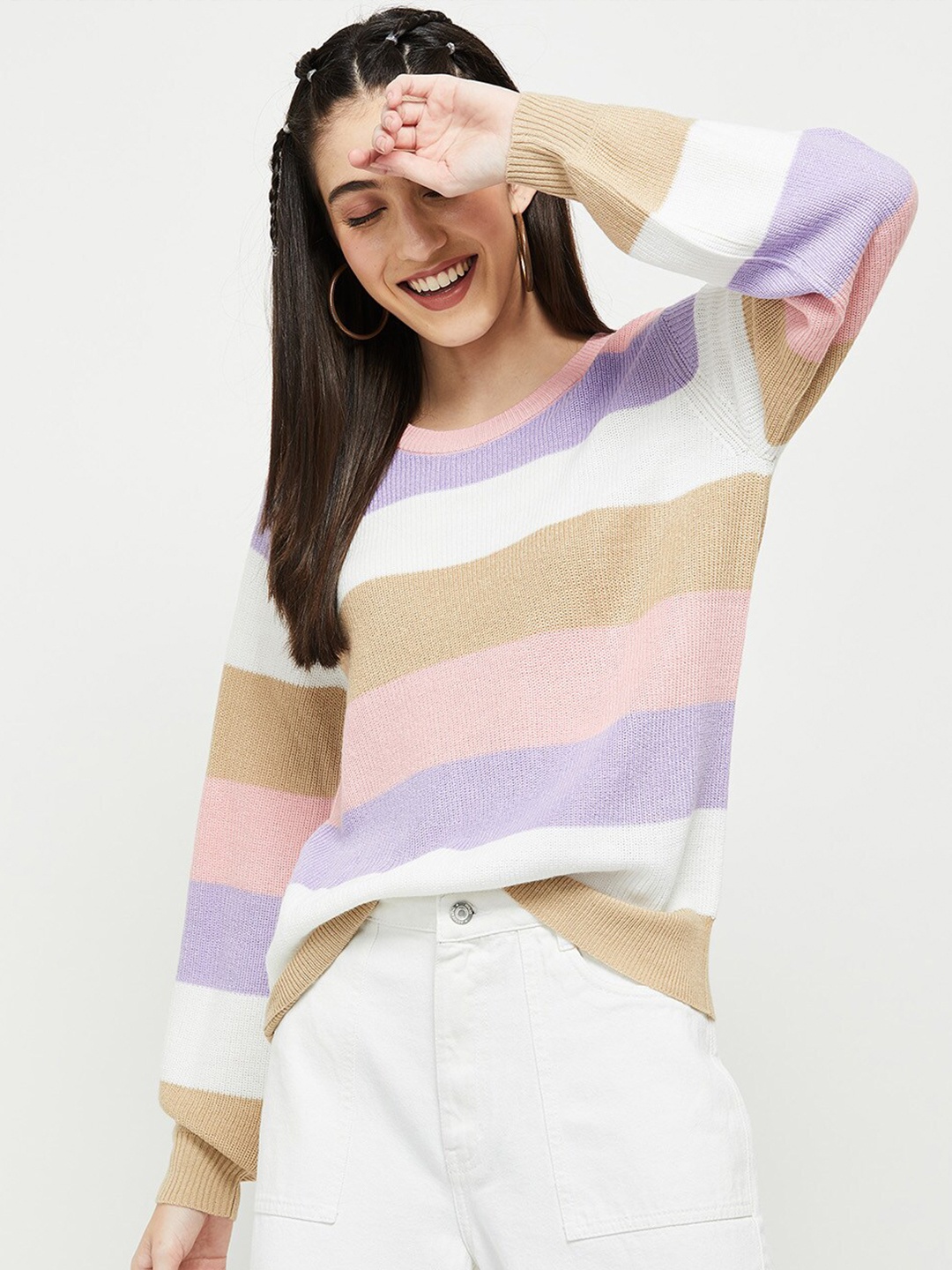 

max Women Purple & White Colourblocked Pullover
