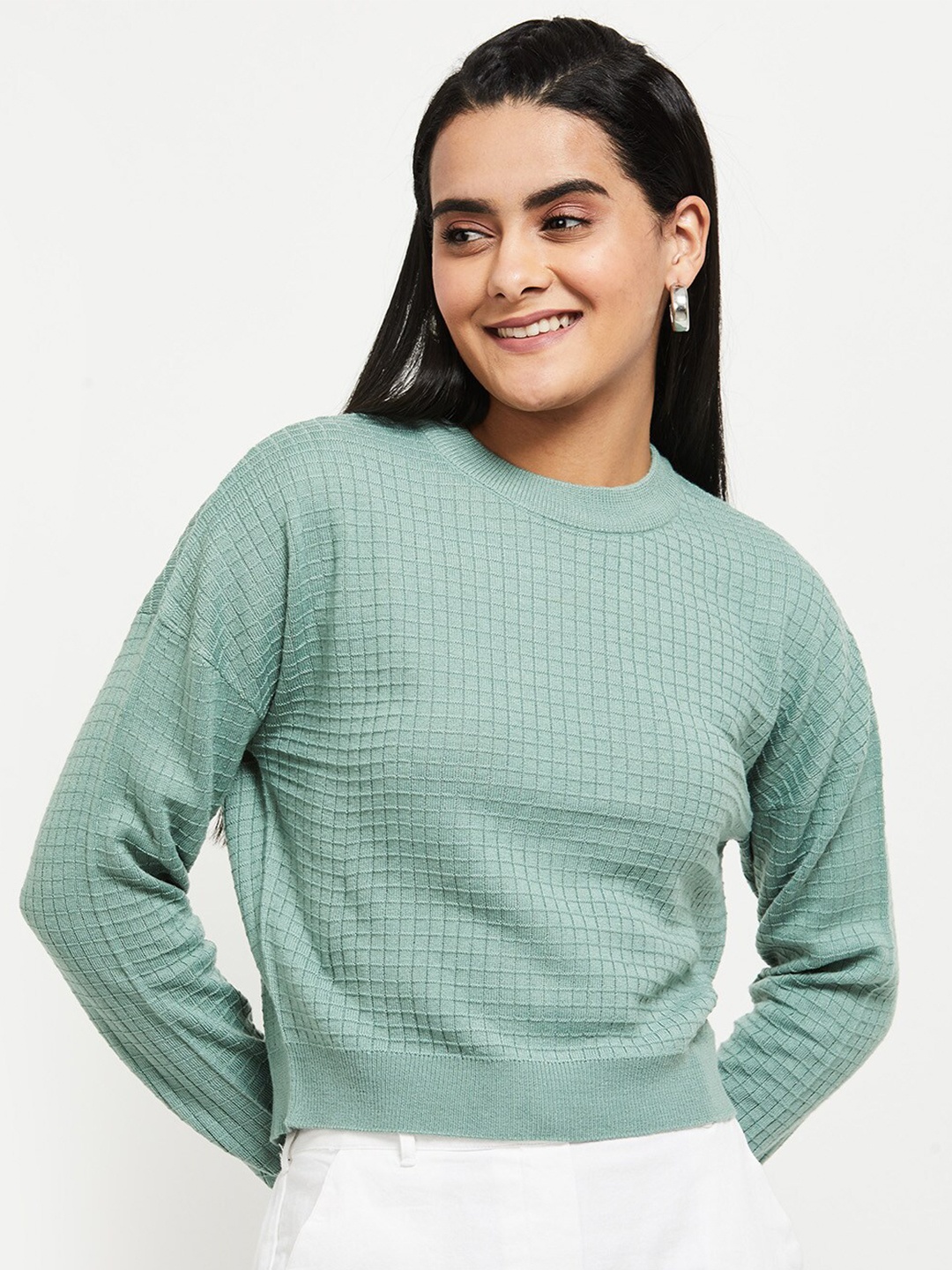 

max Women Green Cable Knit Crop Pullover
