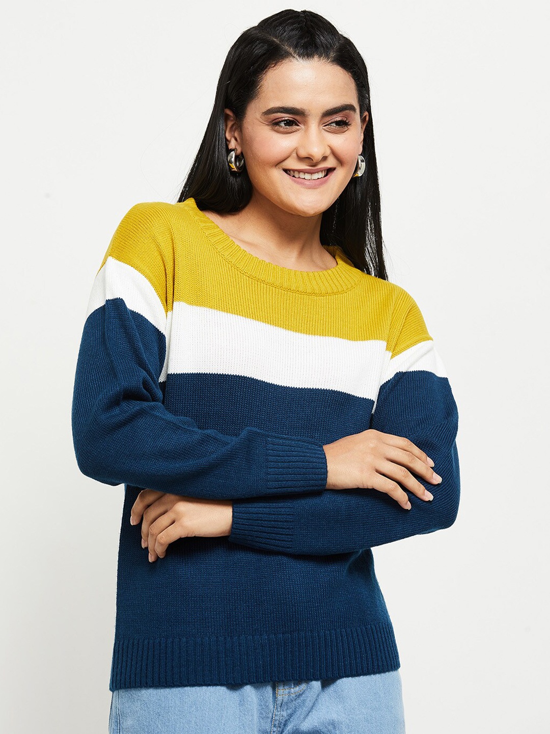 

max Women Navy Blue & Yellow Colourblocked Round Neck Acrylic Pullover