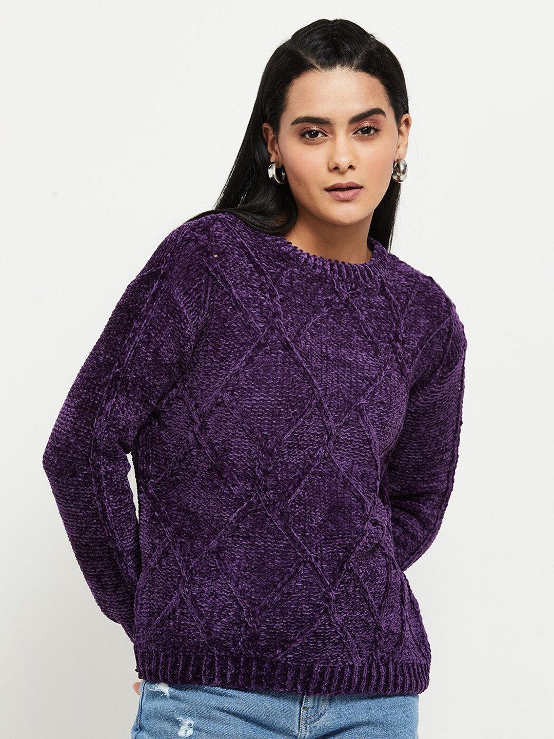 

max Women Purple Cable Knit Pullover Sweater