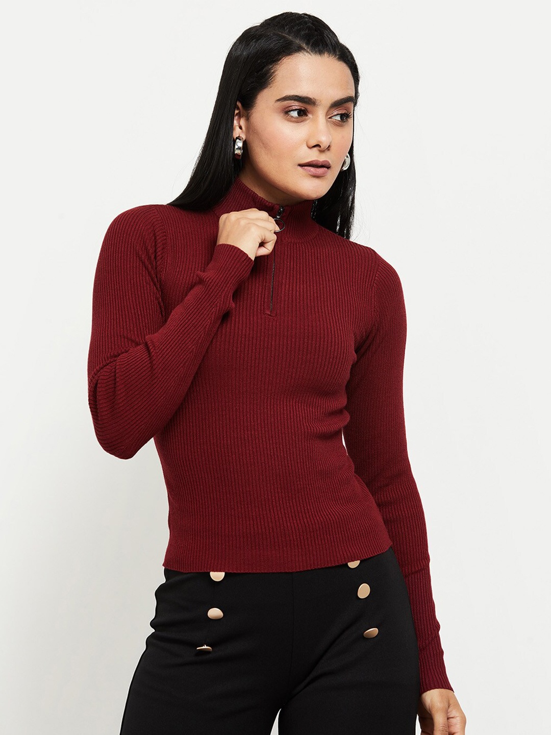 

max Women Maroon Striped Pullover