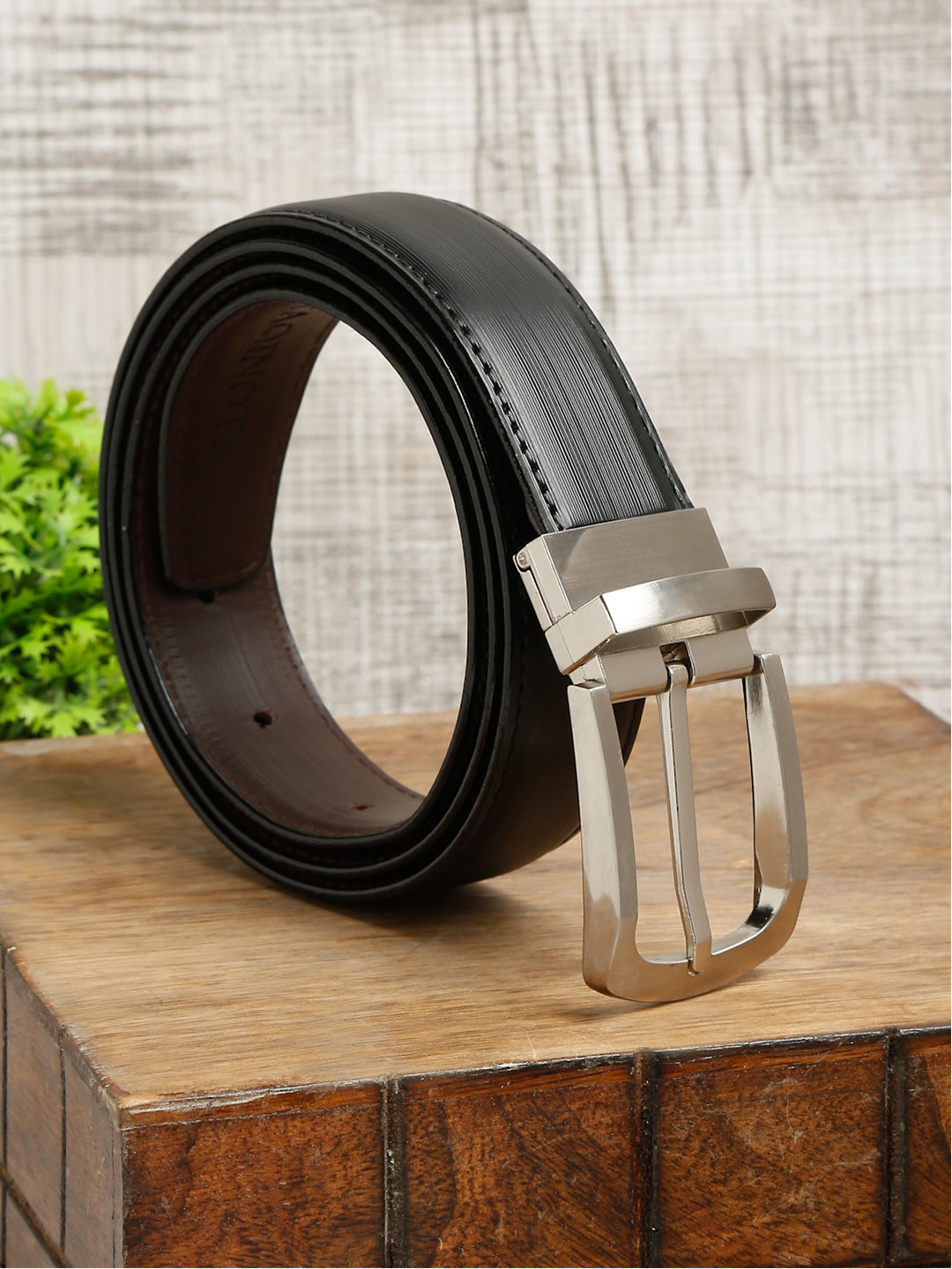 

MUTAQINOTI Men Black Textured PU Formal Belt