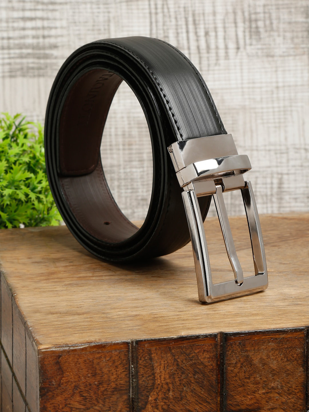 

MUTAQINOTI Men Black Textured PU Formal Belt