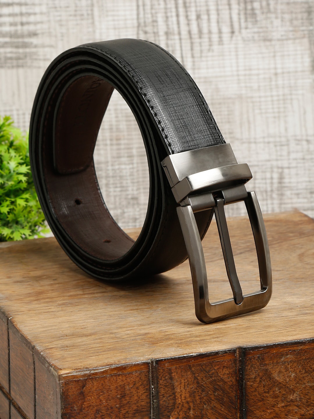

MUTAQINOTI Men Black Textured PU Formal Belt
