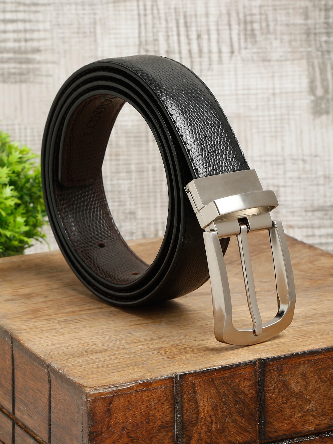 

MUTAQINOTI Men Black Textured PU Formal Belt