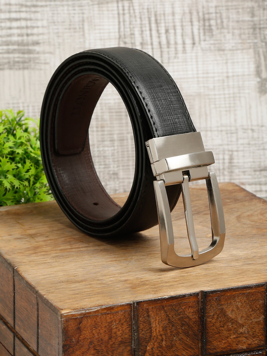 

MUTAQINOTI Men Black Textured PU Formal Belt