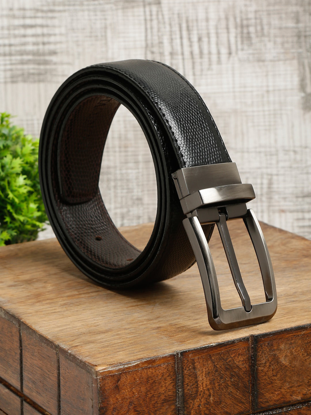 

MUTAQINOTI Men Black Textured PU Formal Belt