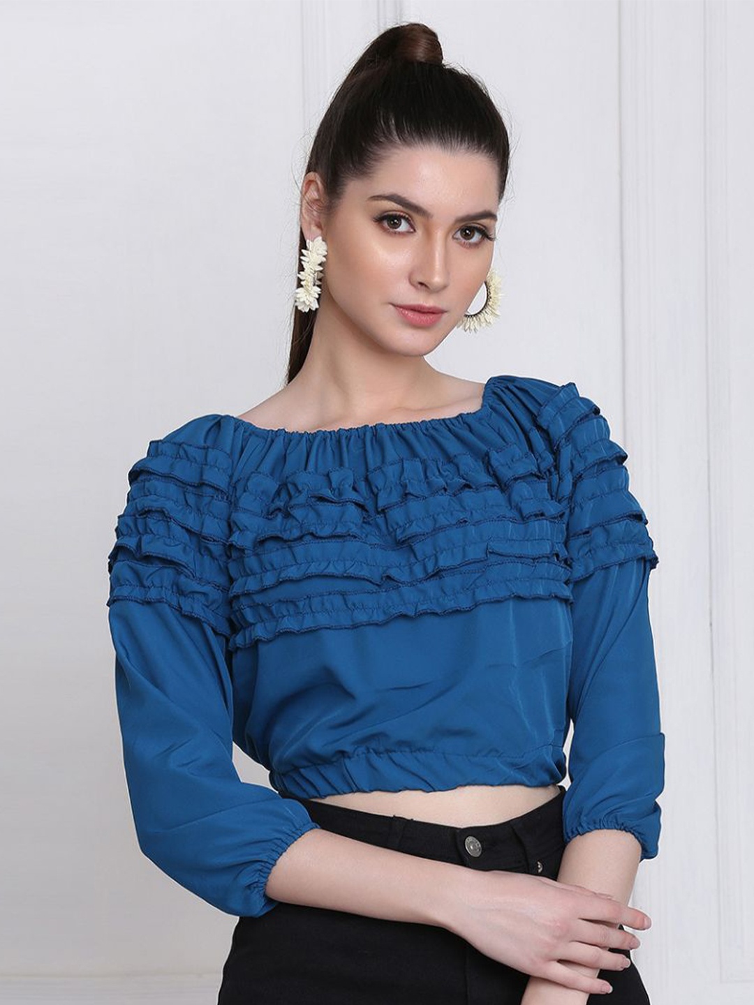 

BUY NEW TREND Women Blue Pleated And Ruffle Top