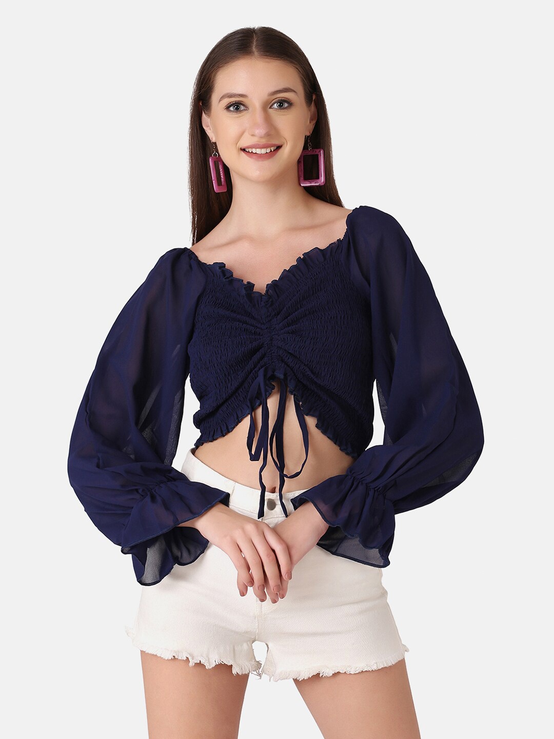 

BUY NEW TREND Purple Sweetheart Neck Georgette Crop Top