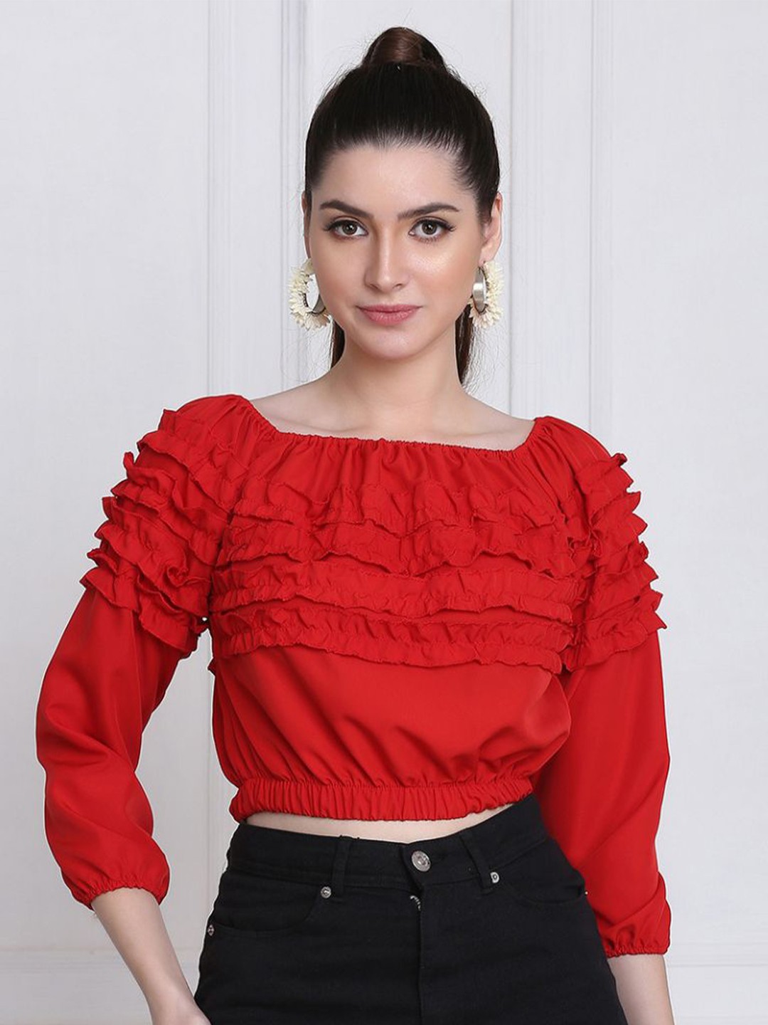 

BUY NEW TREND WomenRed Off-Shoulder Ruffles Crop Top, Red