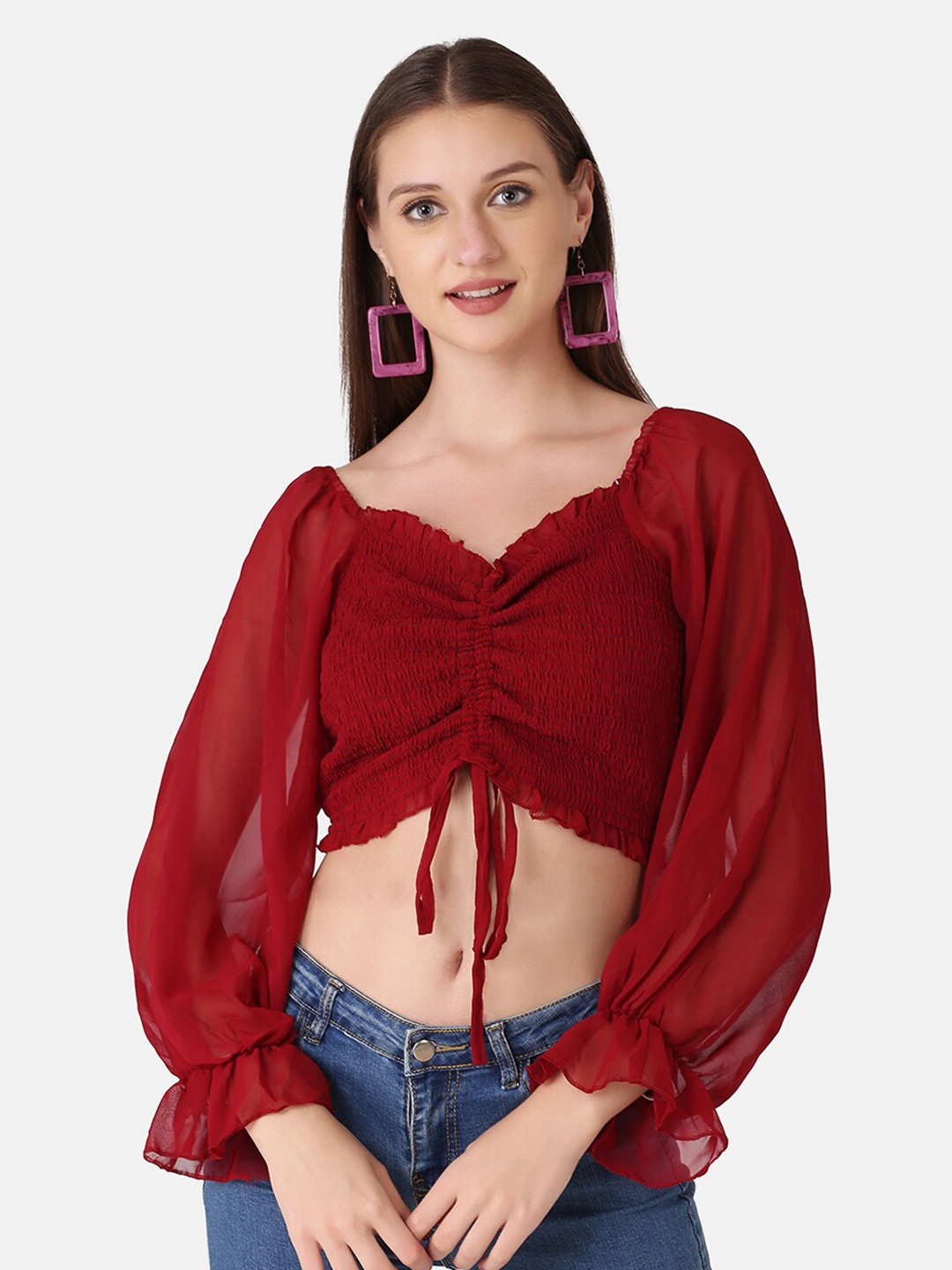

BUY NEW TREND Maroon Sweetheart Neck Georgette Crop Top