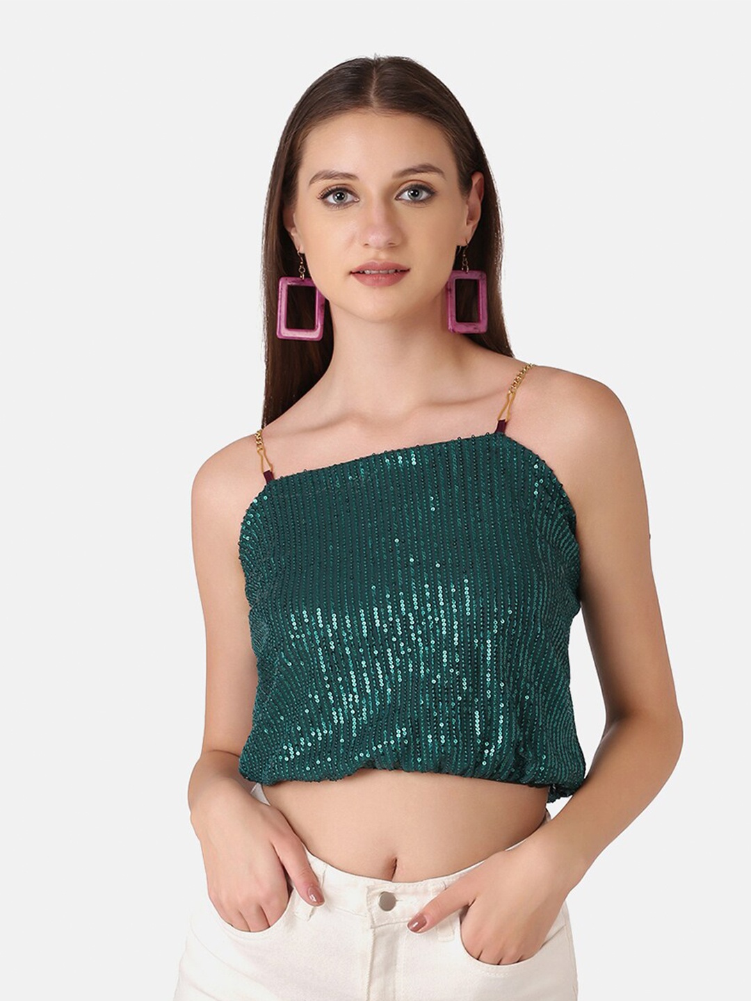 

BUY NEW TREND Women Green Sequins Embellished Crop Top