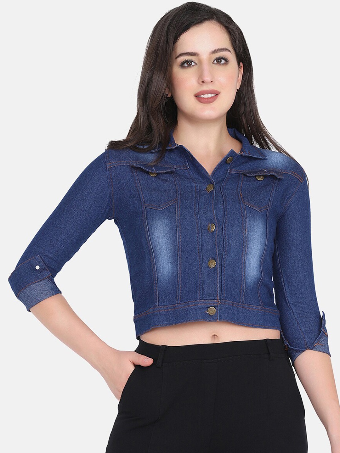 

BUY NEW TREND Women Navy Blue Washed Lightweight Crop Tailored Jacket