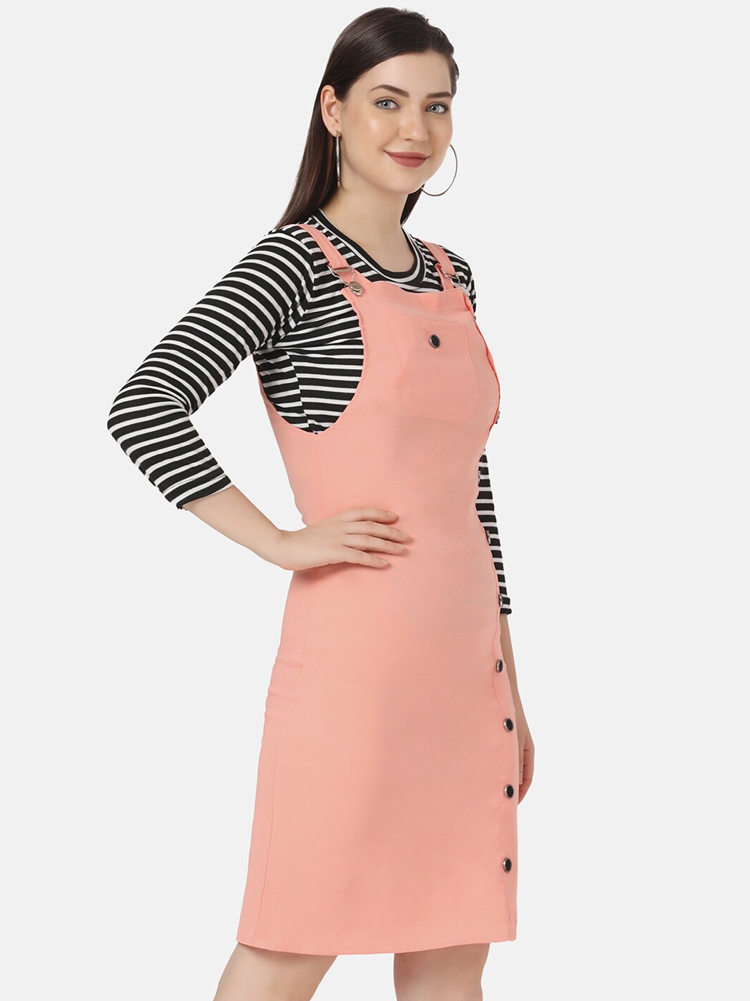 

BUY NEW TREND Peach-Coloured Solid Dungaree Dress With Striped Tshirt