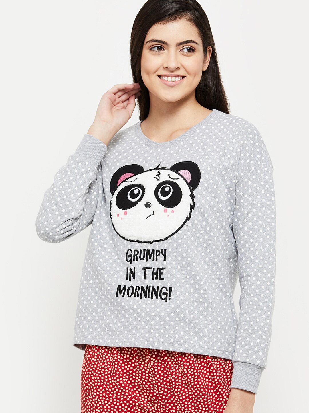 

max Women Grey Melange Printed Lounge Tshirts