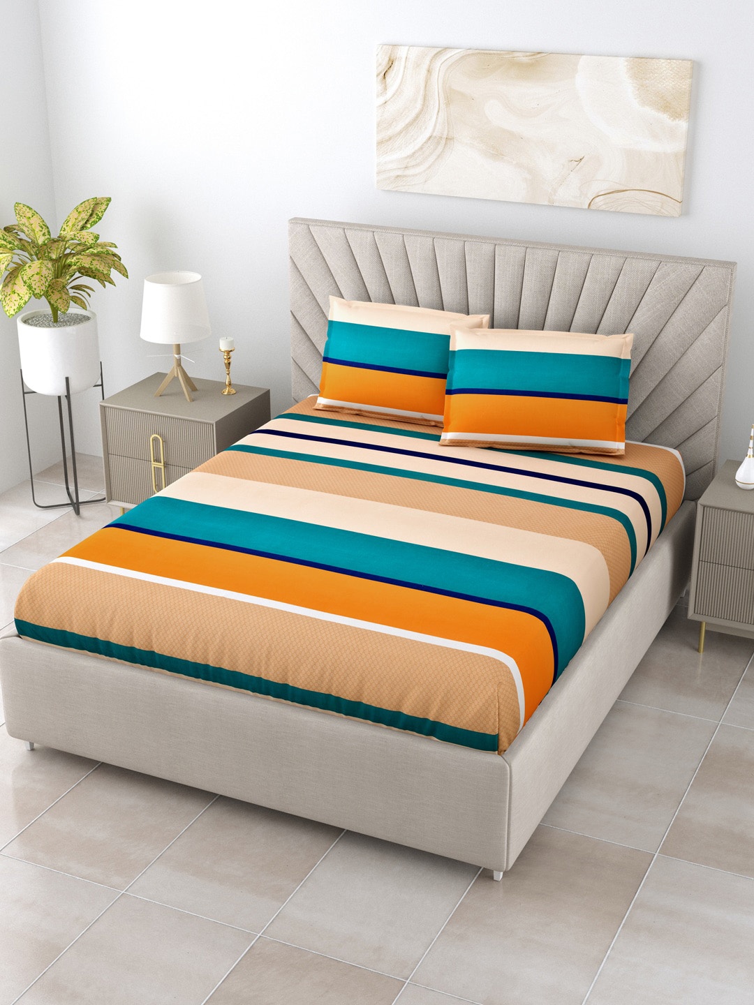 

Salona Bichona Beige & Orange Striped 180 TC Queen Bedsheet with 2 Pillow Covers