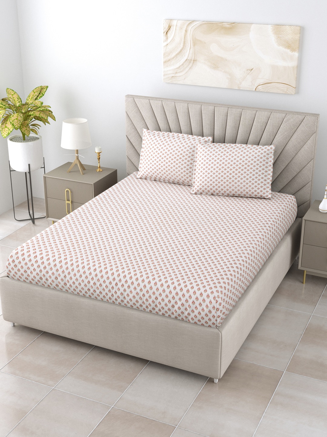 

Salona Bichona Beige & Off White Floral 180 TC Queen Bedsheet with 2 Pillow Covers