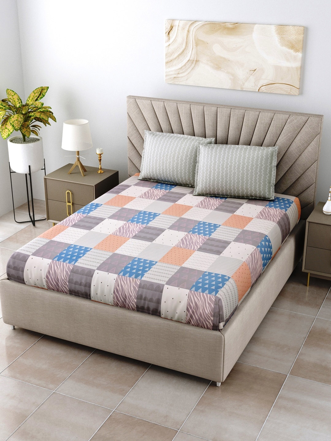 

Salona Bichona Grey & Blue 144 TC Queen Bedsheet with 2 Pillow Covers