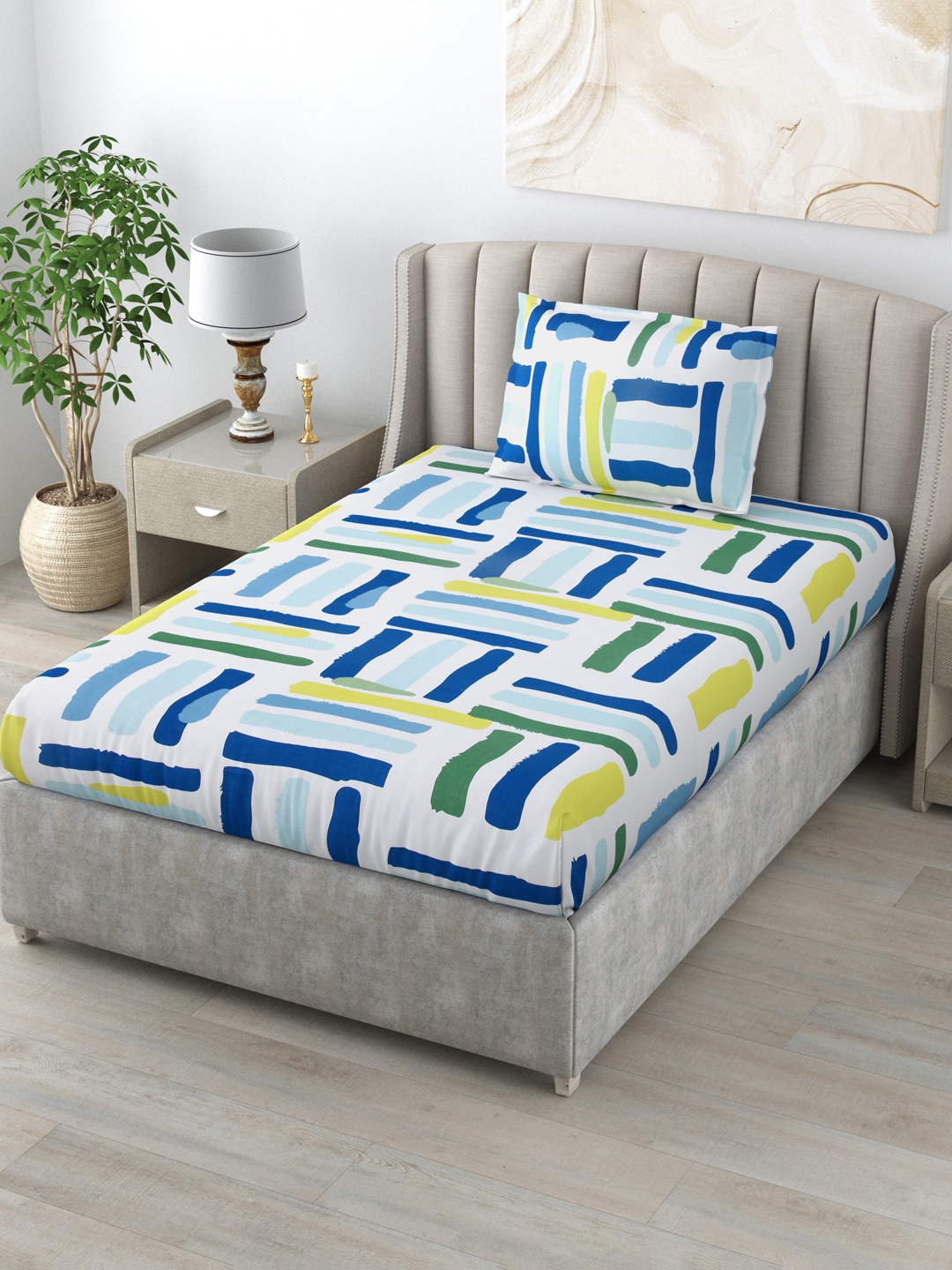 

Salona Bichona Printed 144 TC Single Bedsheet with 1 Pillow Cover, Blue