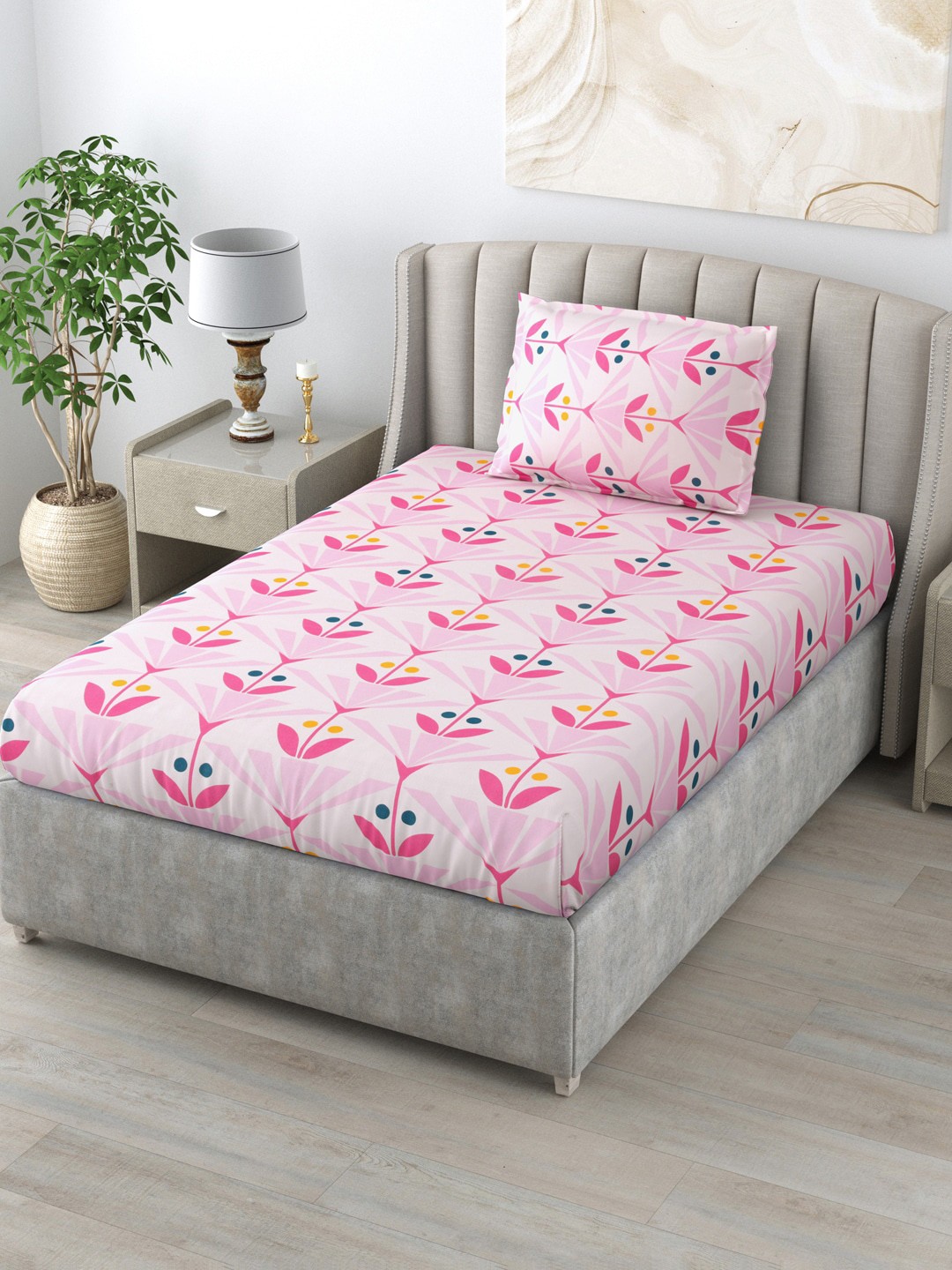 

Salona Bichona Pink Floral 144 TC Single Bedsheet with 1 Pillow Covers