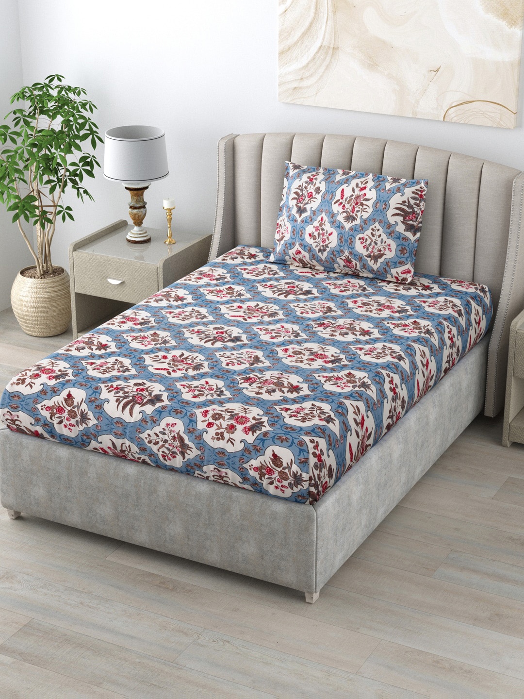 

Salona Bichona Blue & White Floral 144 TC Single Bedsheet with 1 Pillow Covers