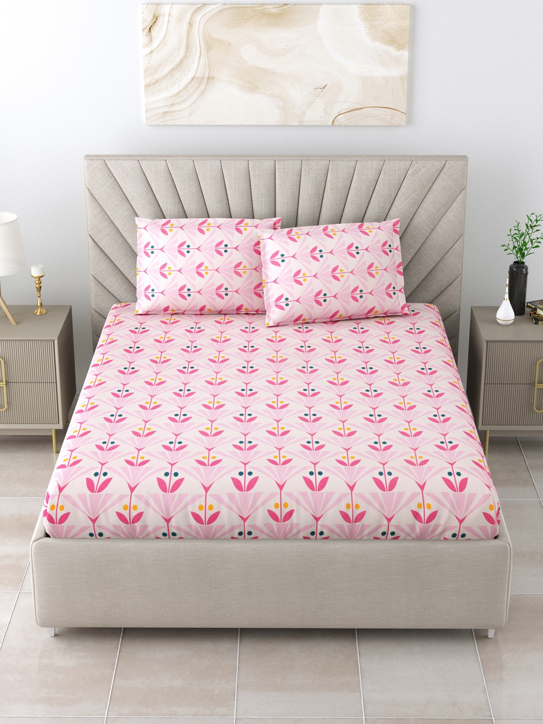 

Salona Bichona Pink & Yellow Floral 144 TC Queen Bedsheet with 2 Pillow Covers