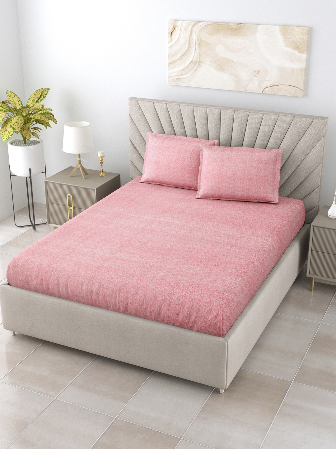 

Salona Bichona Pink Striped 144 TC Queen Bedsheet with 2 Pillow Covers