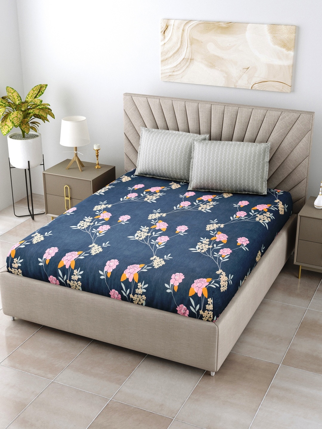 

Salona Bichona Blue & Pink Floral 144 TC Queen Bedsheet with 2 Pillow Covers