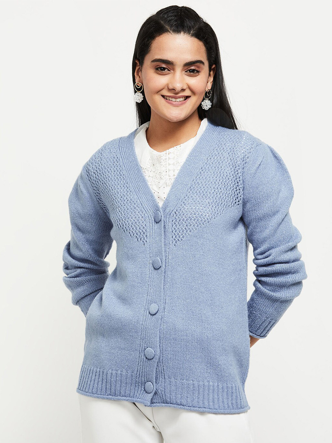 

max Women Blue Ripped Cardigan