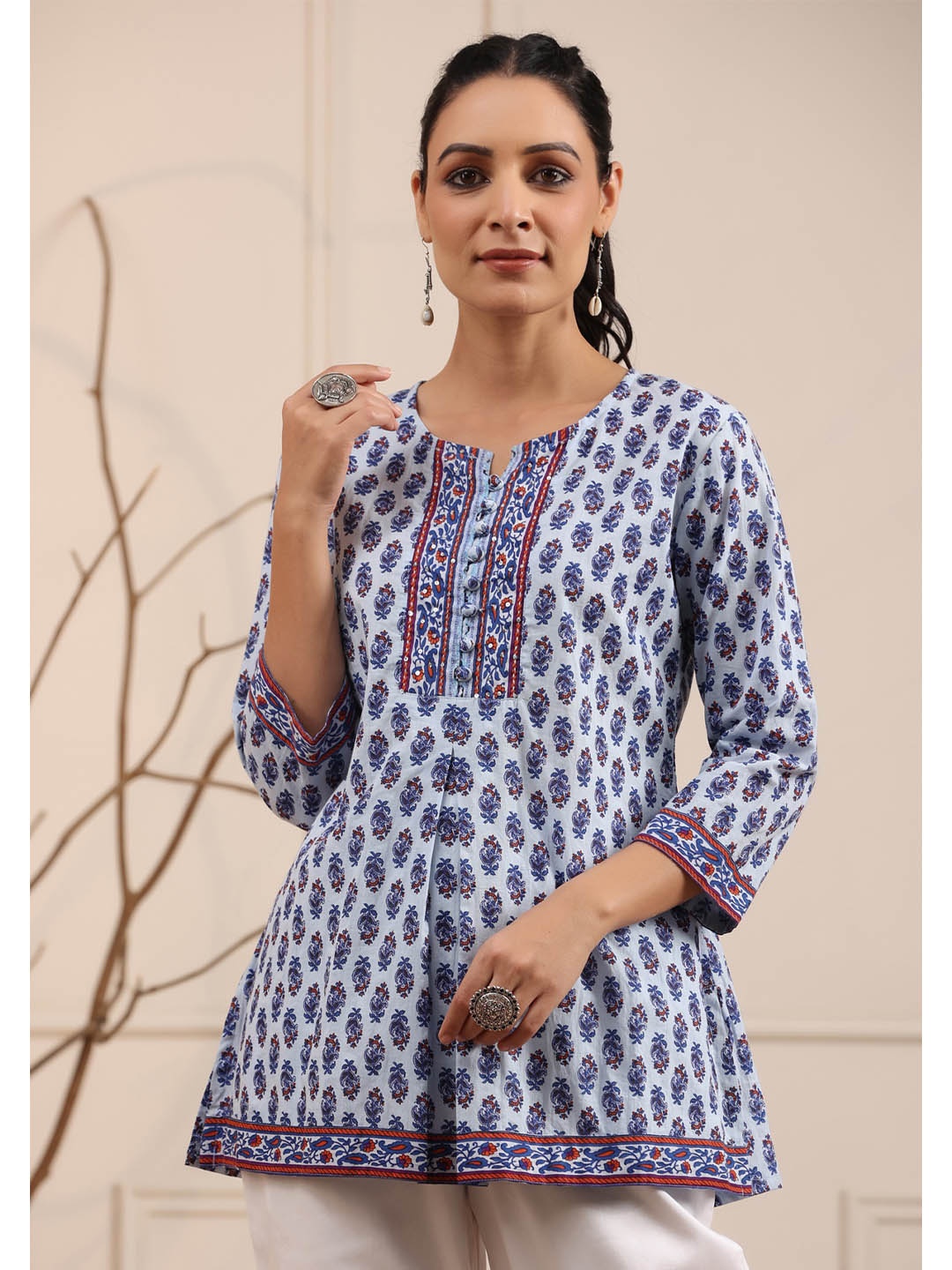 

Rain & Rainbow Blue Printed Sequinned Pure Cotton Kurti