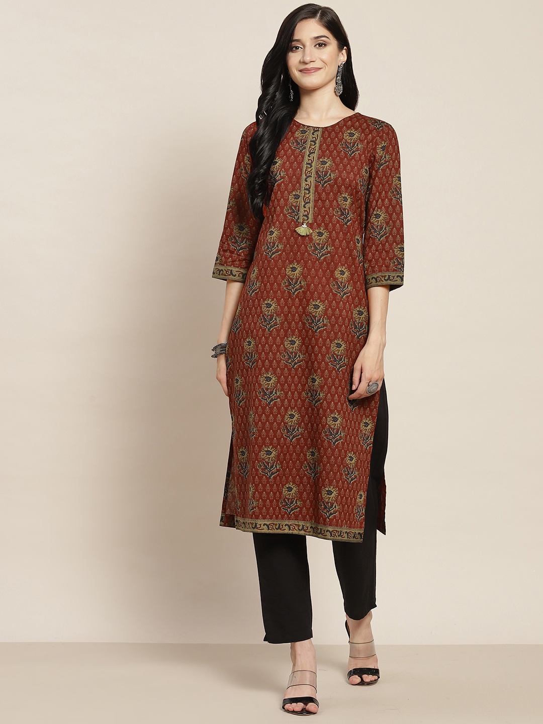 

Rain & Rainbow Women Maroon & Olive Green Ethnic Motifs Printed Kurta