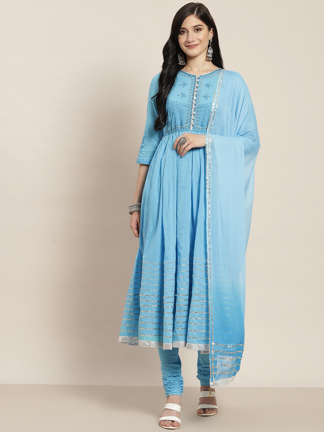 

Rain & Rainbow Women Blue Embroidered Sequinned Pure Cotton Kurta with Churidar & Dupatta