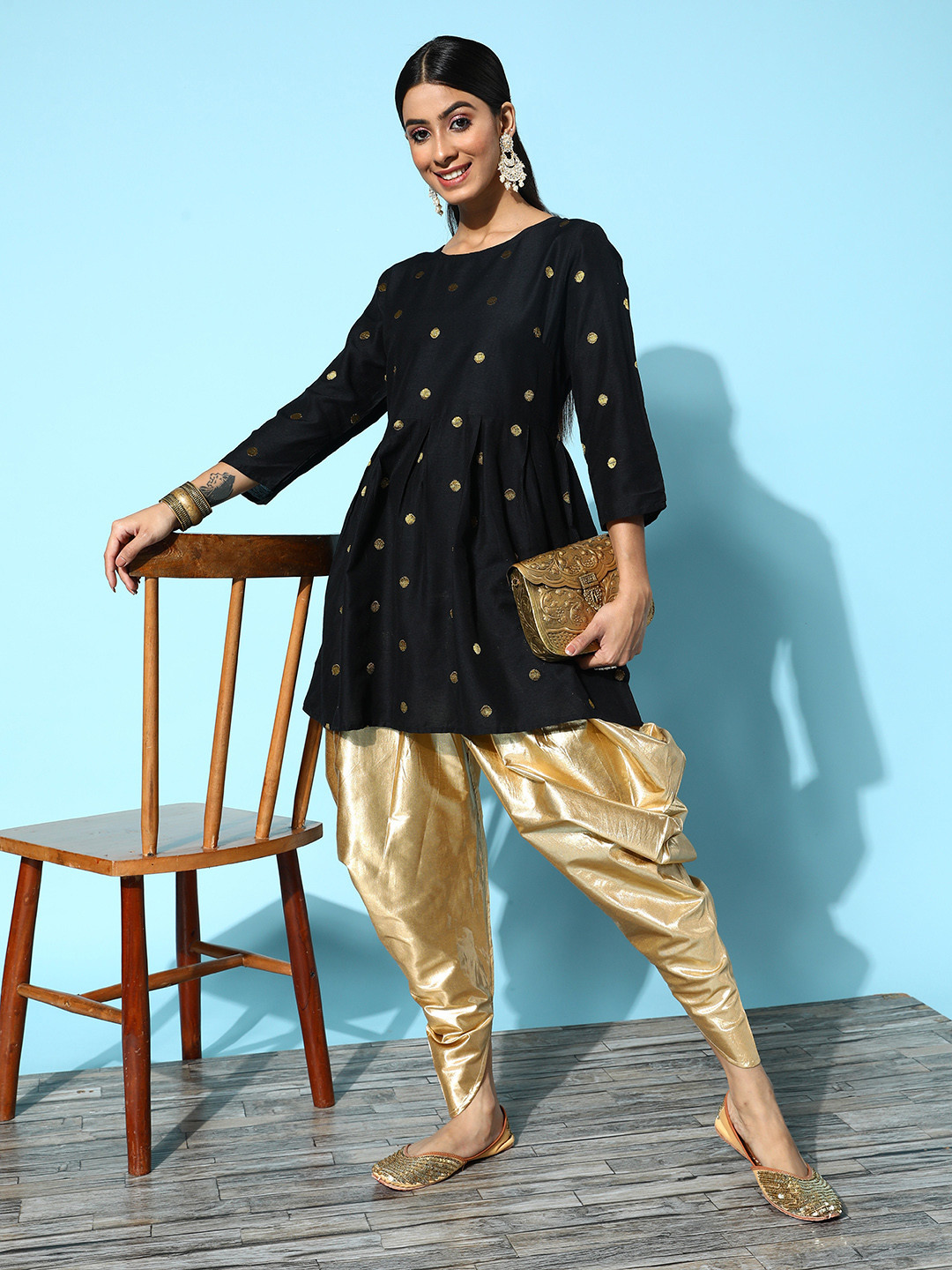 

Anouk Women Black Printed Pleated Kurti with Dhoti Pants