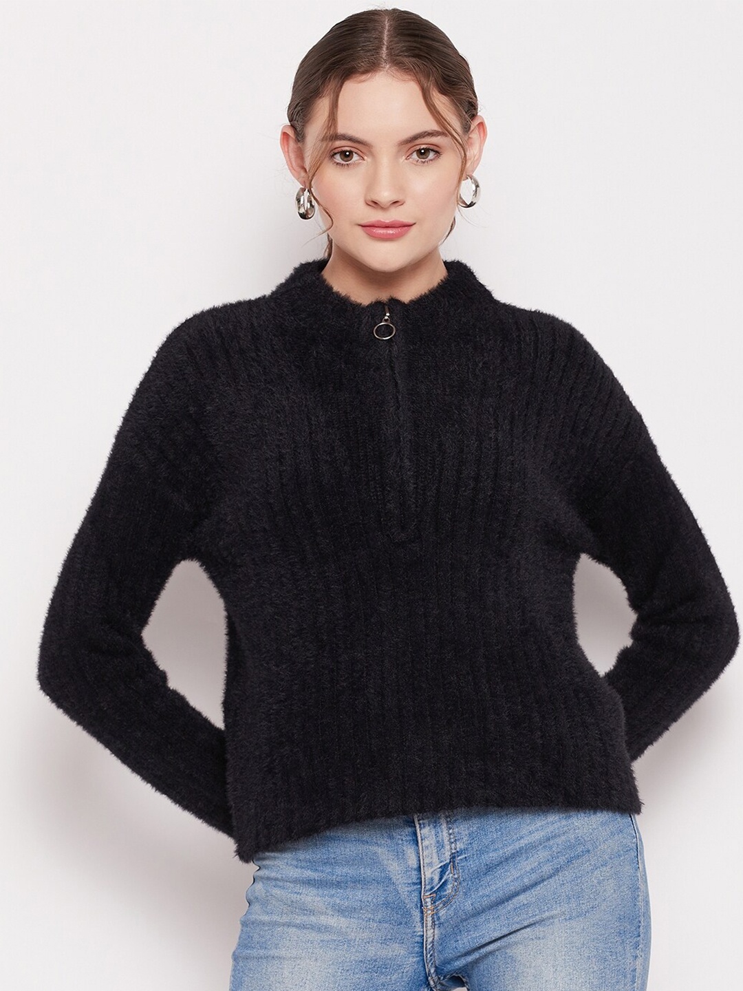 

Madame Women Black Pullover with Fuzzy Detail