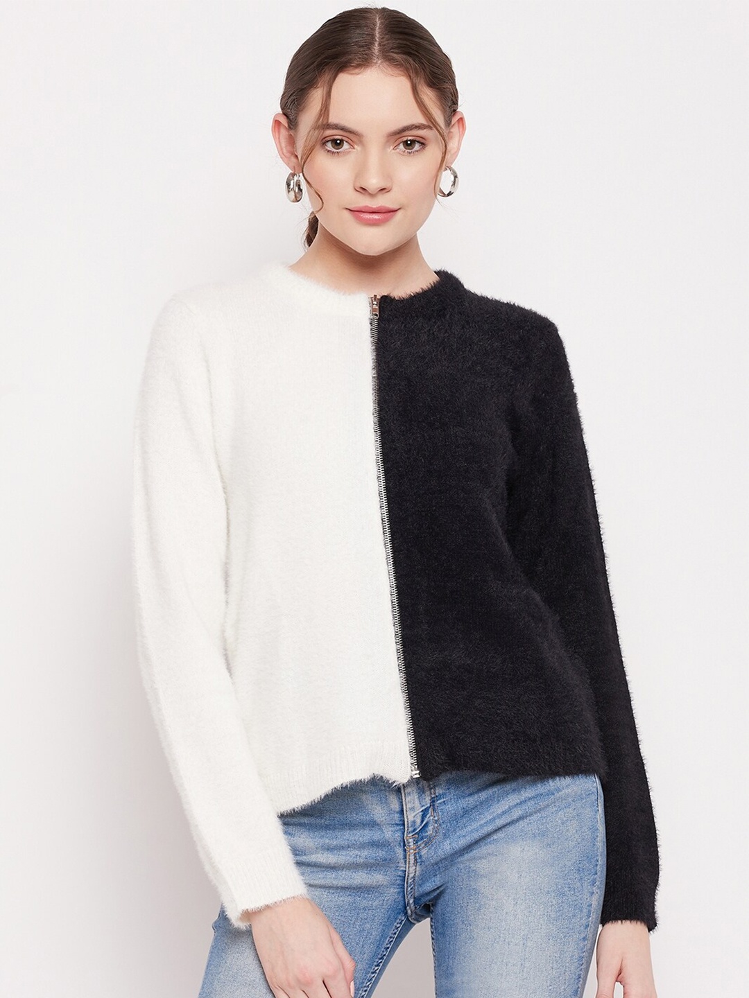 

Madame Women Black & White Colourblocked Pullover