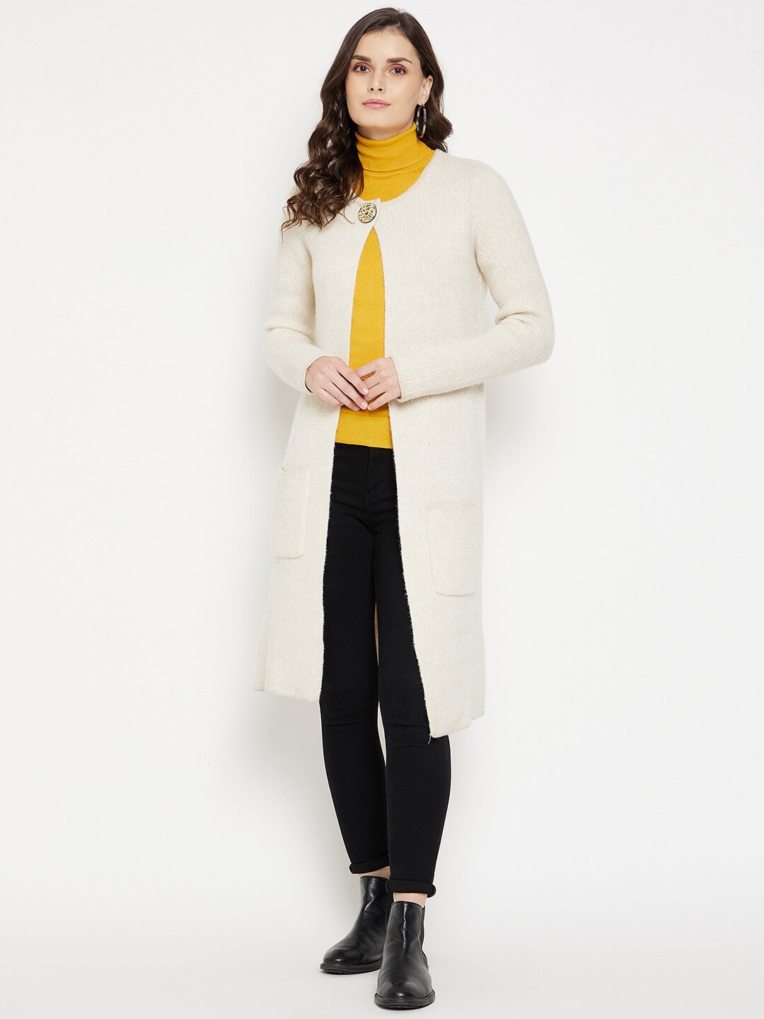 

Madame Women Beige Longline Front Open Sweater