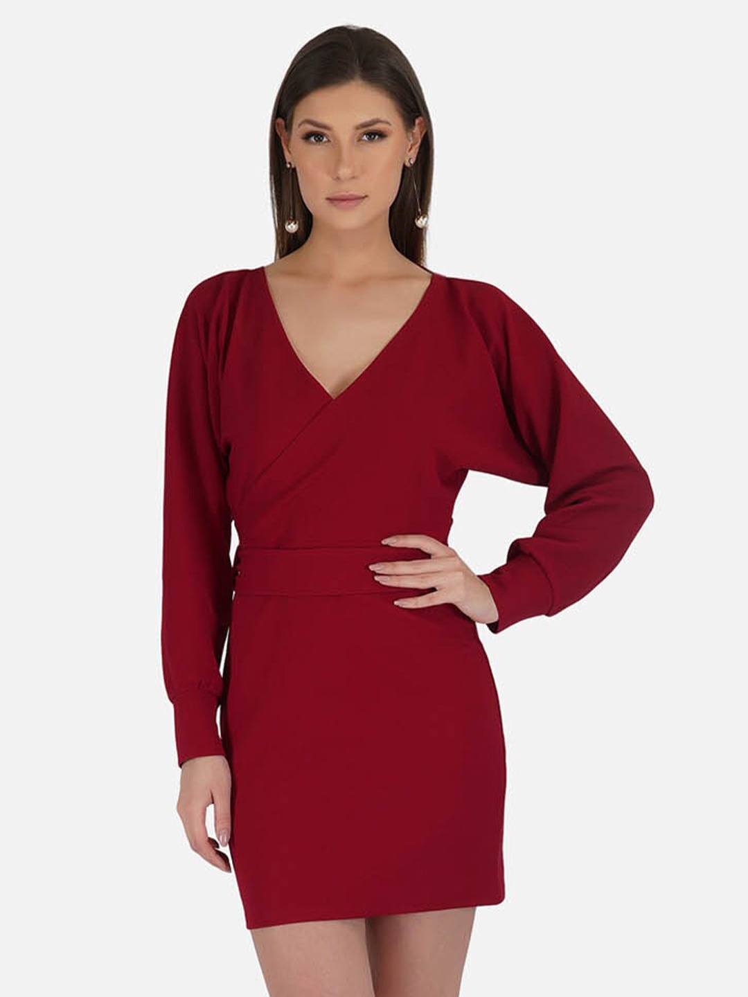 

IMPERATIVE Women Maroon Solid Wrap Sheath Dress