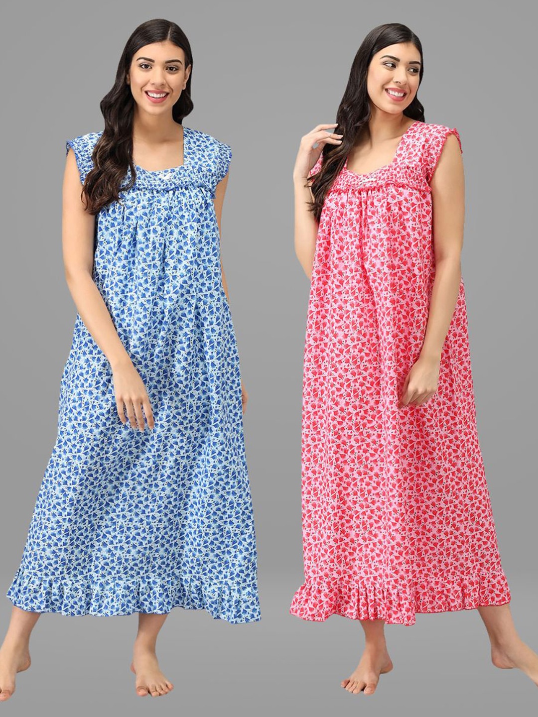 

Shararat Pack of 2 Blue & Pink Printed Maxi Cotton Nightdress
