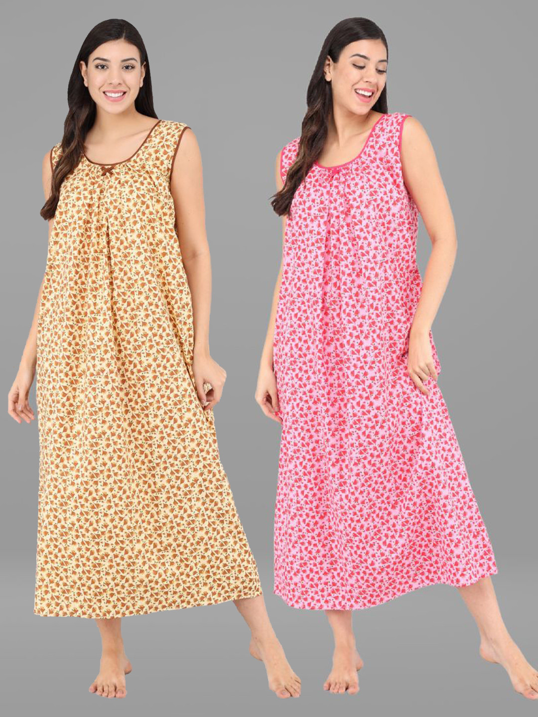 

Shararat Pack of 2 Brown & Pink Printed Maxi Nightdress