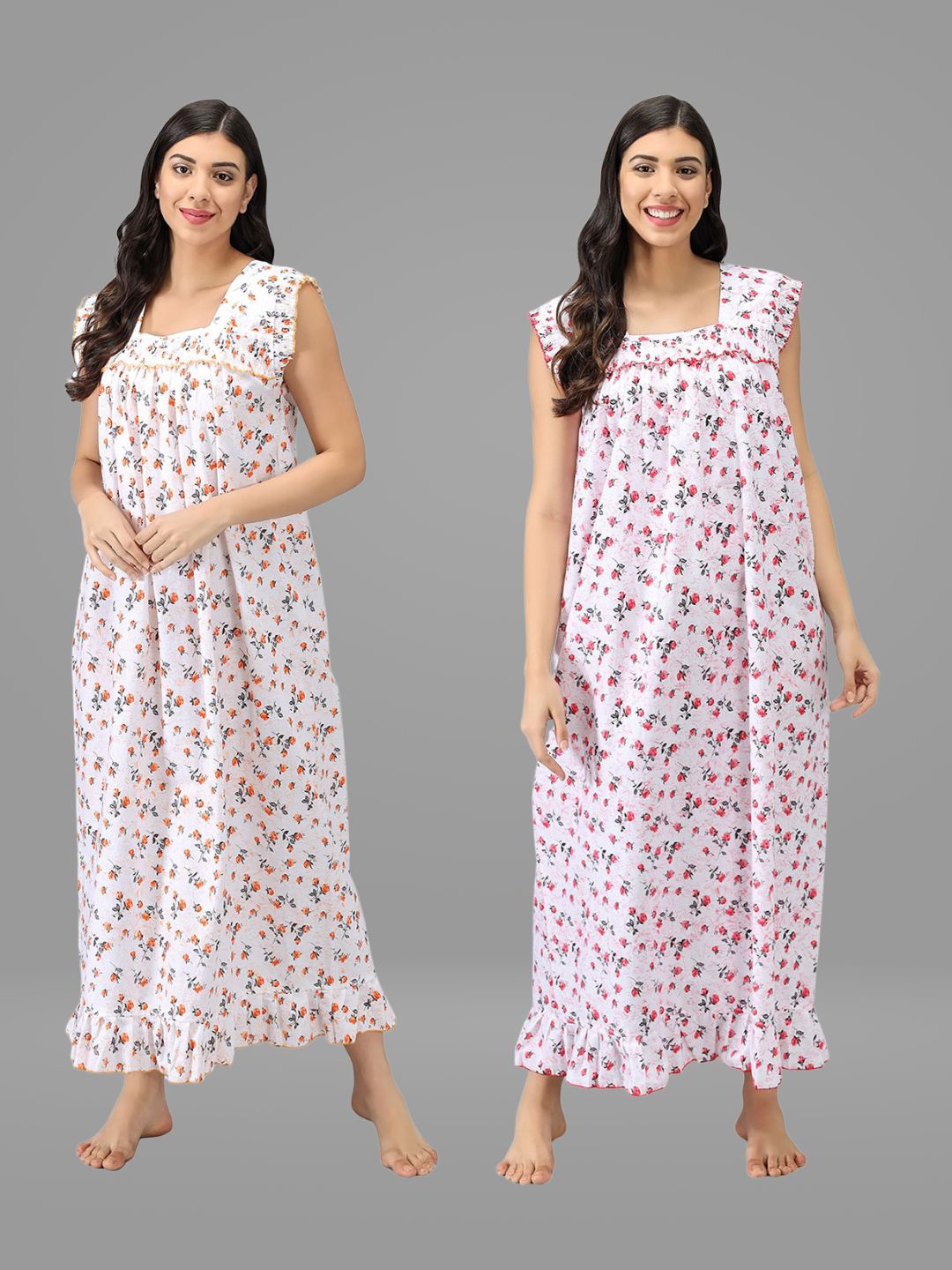 

Shararat Orange Set Of 2 Floral Printed Maxi Nightdresses