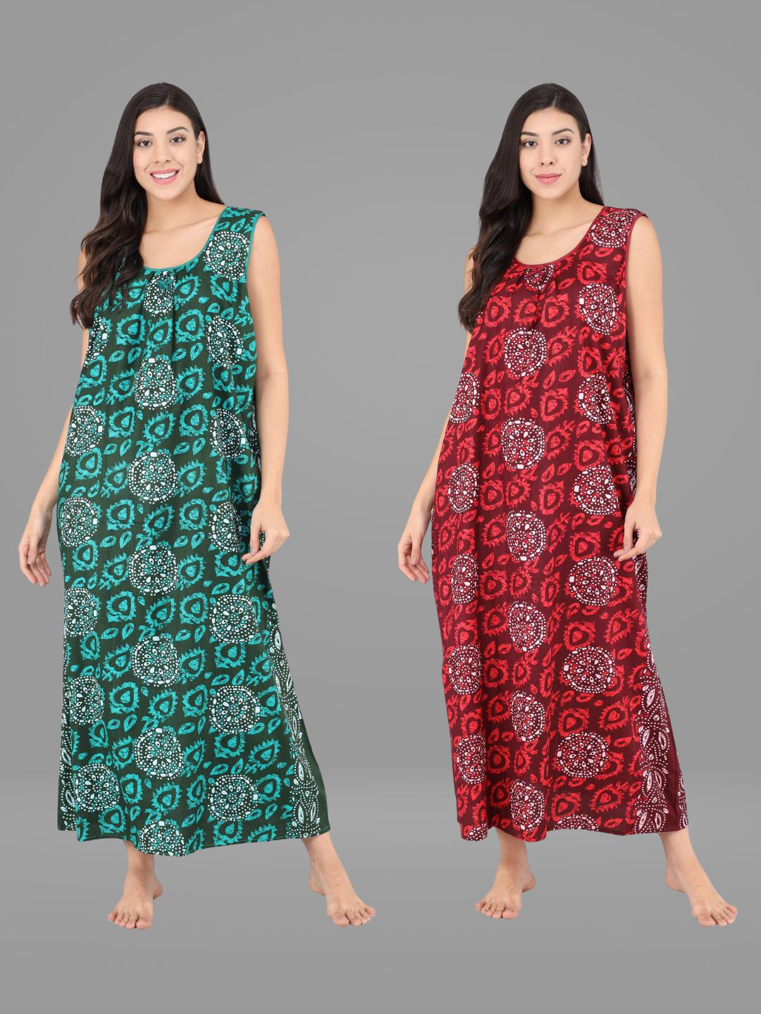 

Shararat Green And Red Pack Of 2 Printed Maxi Nightdress